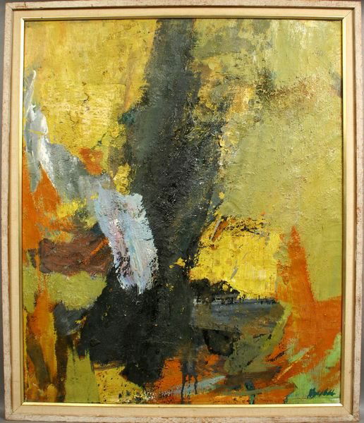 SIGNED PETER BUSA, 'GOLDEN ENCOUNTER', O/C: Peter Busa (American, b. 1914), 'Golden Encounter', oil on canvas, 36" x 30", signed LR. Titled on stretcher verso. Good, unlined condition. In a frame measuring 38 5/8" x 32 3/4".