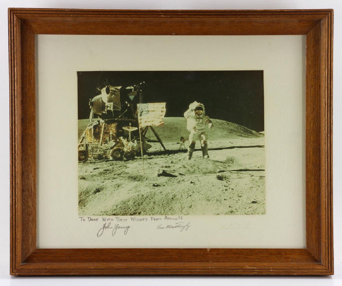 Apollo 16 "Leaping Navy Salute", Signed Photo: Apollo 16, John Young "Leaping Navy Salute", color photo, signed John Young, Ken Mattingly and Charles Duke, inscribed "To Dave With Best Wishes From Apollo 16", framed under glass, 10" h x 13 3/8" w