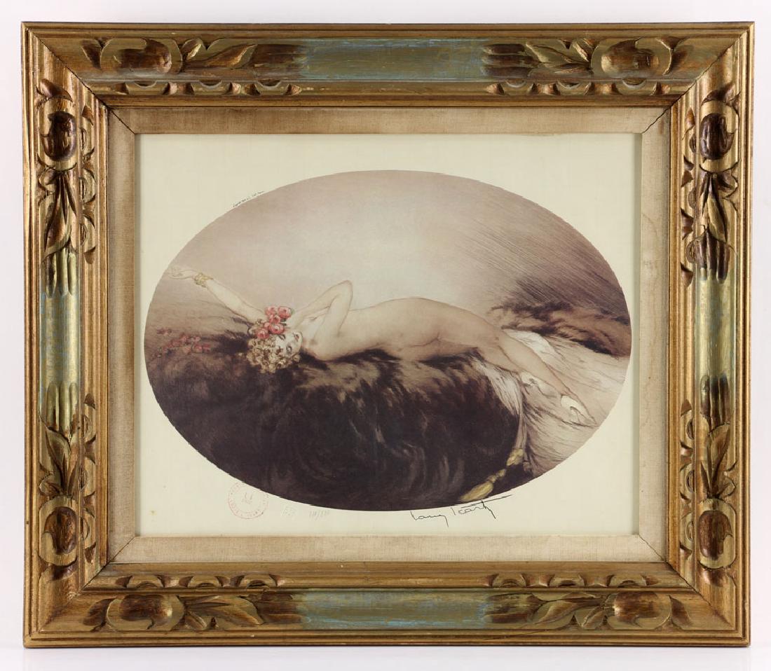 Louis Icart, Woman Reclining in Furs, Print: Louis Icart (French, 1880-1950), woman reclining in furs, print, signed lower right, stamped and numbered 110/500 lower left, 13" h x 18" w (view), 24 1/2" h x 28" w (frame). Provenance: From a West P