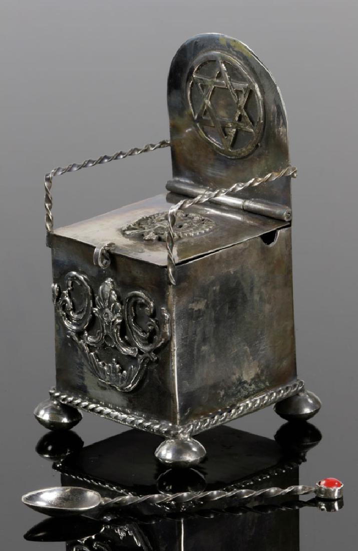 Russian Judaica 84 Silver Salt Cellar and Spoon: Russian Judaica silver salt cellar and spoon, decorated with Coat of arms of Russia, with 84 and manufacture marks on bottom, 3 1/2" h, approximately 2.2 troy oz TW. Provenance: From a West Hartford, 