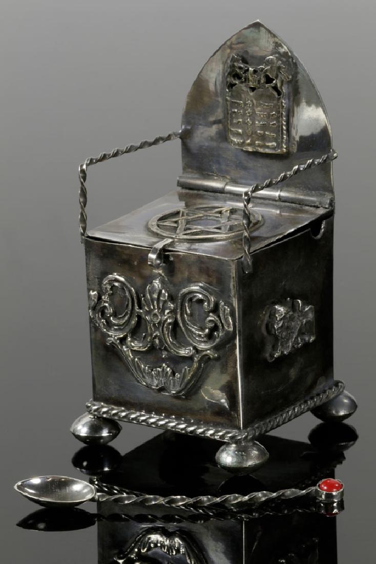 Russian Judaica 84 Silver Salt Cellar and Spoon: Russian Judaica silver salt cellar and spoon, decorated with menorah and ten commandments, with 84 and manufacture marks on bottom, 3 1/2" h, approximately 2.3 troy oz TW. Provenance: From a West Hart