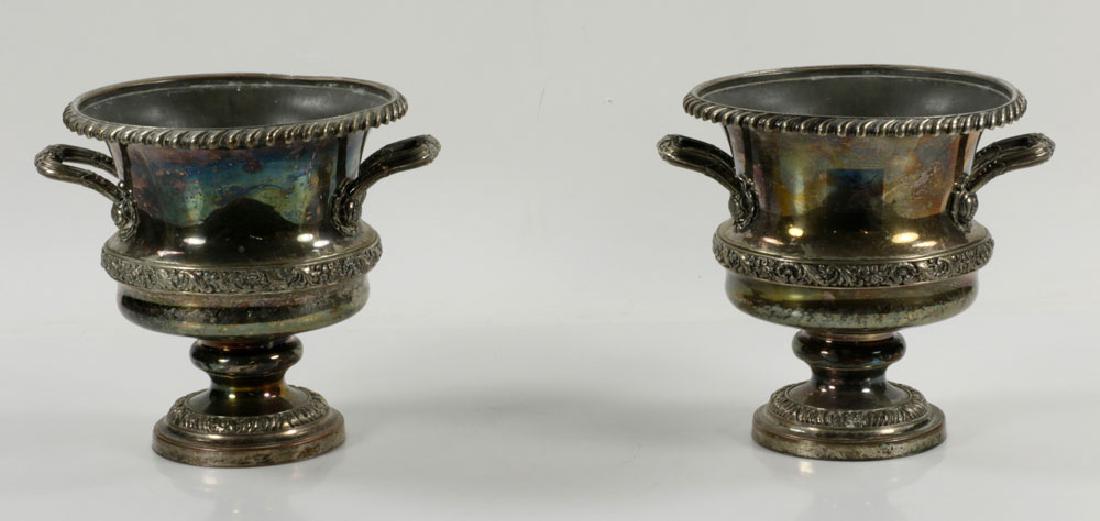 Pr. 19th C. Sheffield Silverplate Wine Coolers: Pair of 19th century Sheffield silverplate wine coolers, with family crest, 9" h x 8 1/2" dia (excluding handles). Provenance: From a Melrose, Massachusetts estate.