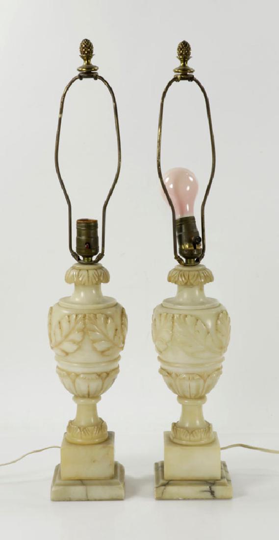 Pair of Antique Alabaster Lamps: Pair of antique lamps, alabaster, 26" high. Provenance: from a Boca Raton, Florida estate.