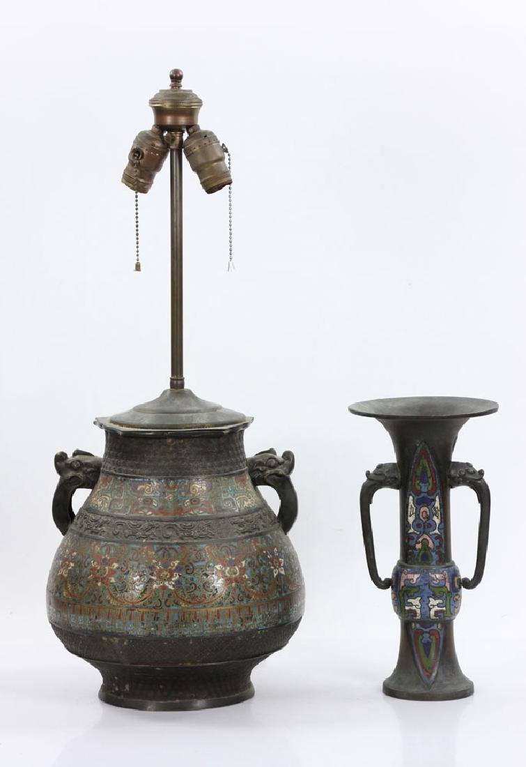 Chinese Champleve Lamp and Vase: Chinese champleve lamp and vase, 26" h (lamp). Provenance: From a Chula Vista, California collection.
