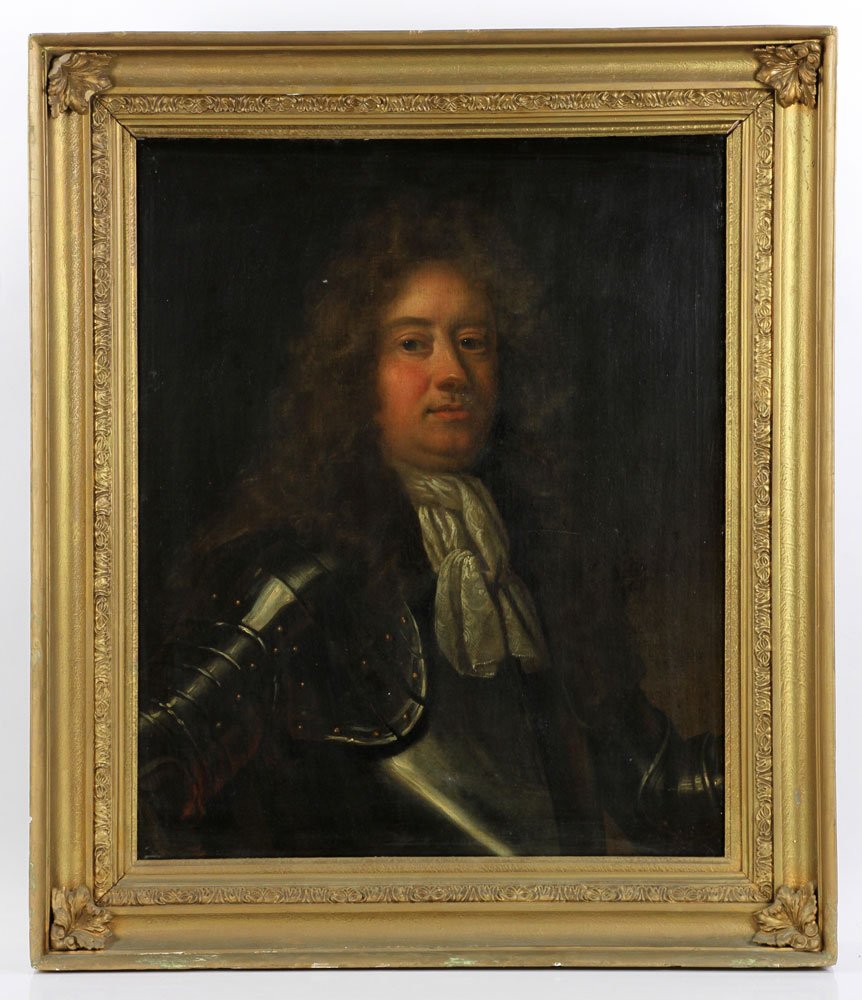 17th/18th C. English Portrait of Man, Oil: 17th/18th century English portrait of man in suit of armor, oil on canvas, framed, 37" h x 31" w (frame). Provenance: From a Chula Vista, California collection.