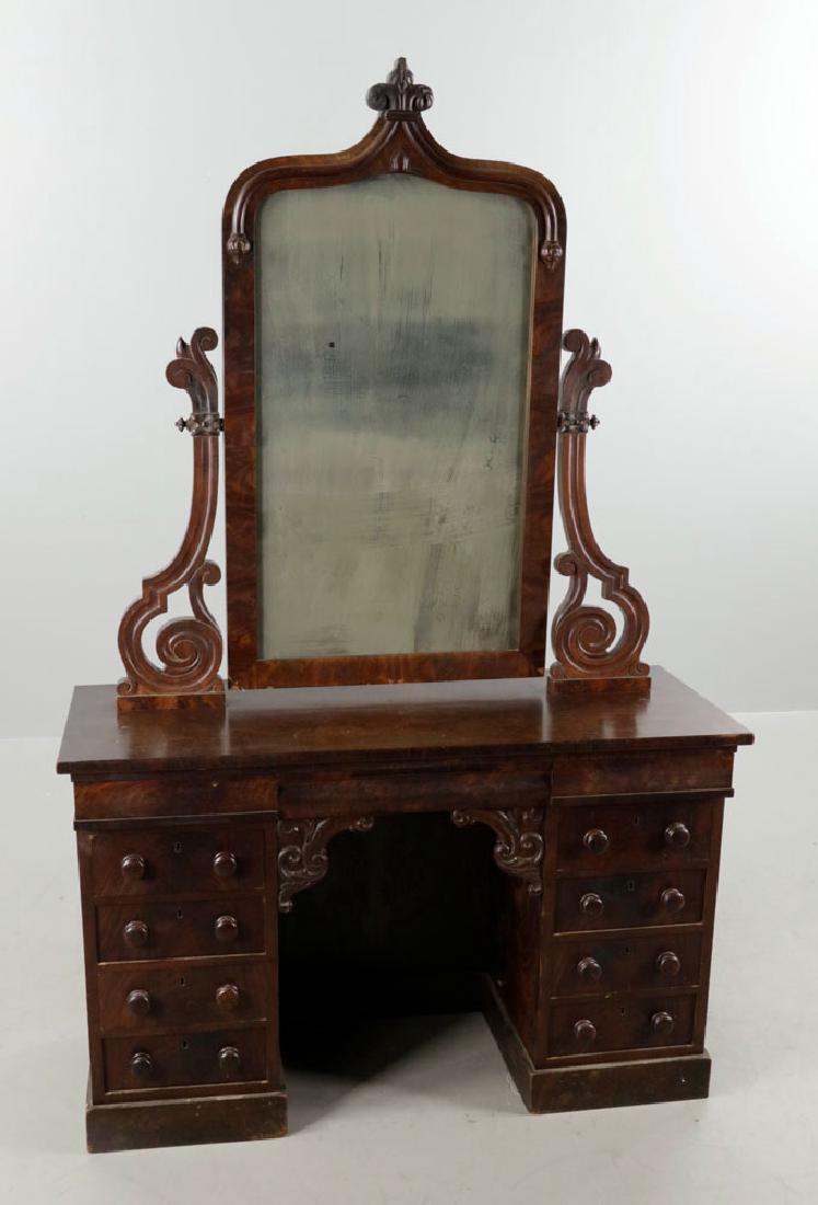 Gothic Victorian Vanity: Gothic Victorian vanity with mirror, burled walnut veneer, Fleur-de-lis crest and scroll motif, one long drawer framed by two short drawers, above four short drawers each side, 78" h x 46 1/2" w x 18"