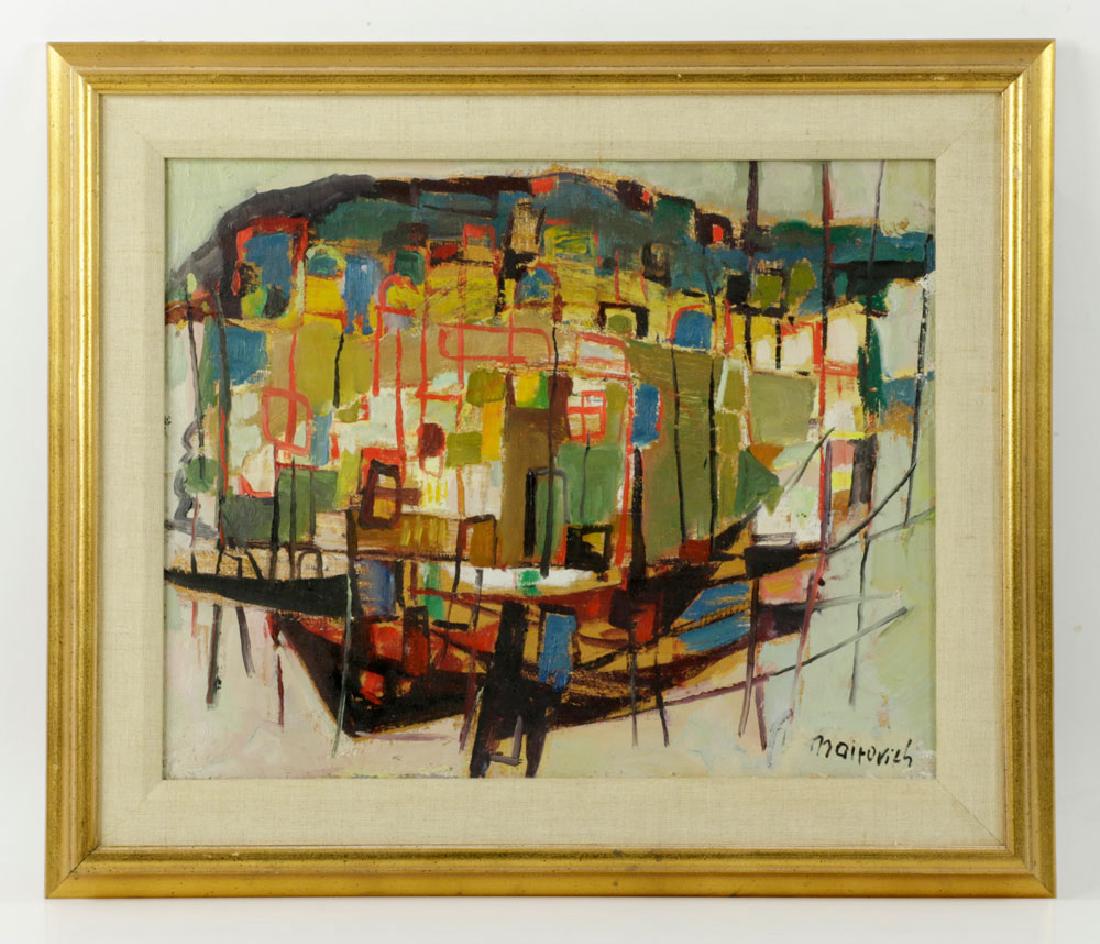 Mairovich, Sailboat, Oil on Canvas: Zvi Mairovich (Israeli, 1911-1974), sailboat at dock, oil on canvas, signed lower right, 13" high x 16" wide (view), 17 1/2" high x 20 1/2" wide (frame). Provenance: from a North Andover, Massachusett