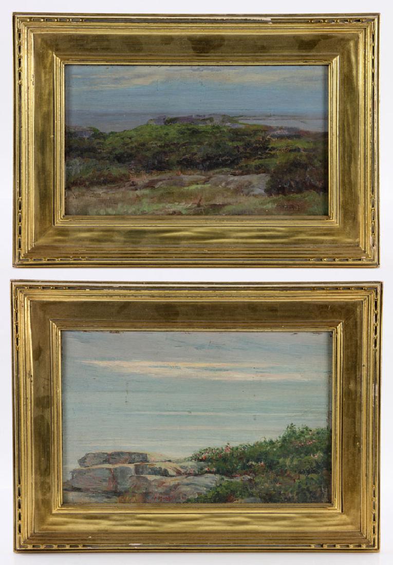 Munsell, Two Seascapes, Oil on Canvas: Albert H. Munsell (American, 1858-1918), two seascapes, oil on wood panel, all signed and in gilt wood frames, 6" high x 10" wide (largest). Provenance: from the estate of Jonathan Orr Swan, an educat