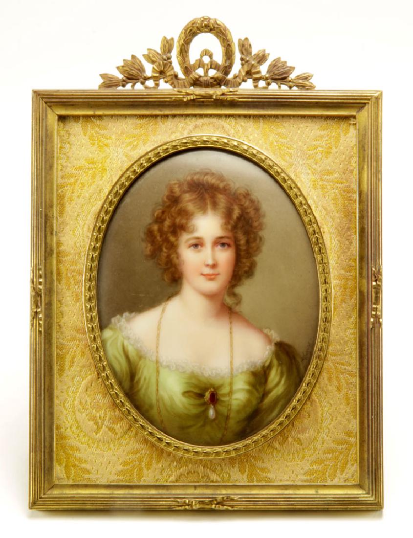 19th C. KPM Plaque: 19th century KPM oval plaque, depicting Miss Harrison, signed "Wagner," in French bronze frame, 5" high x 4" wide (plaque), 8" high x 6" wide (frame). Provenance: from a Florida estate.