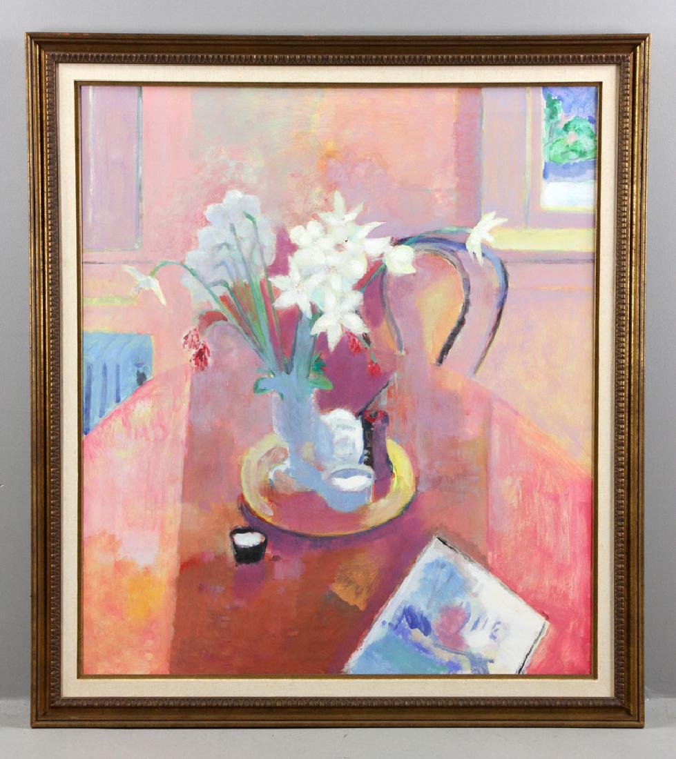 Brandt, Still Life of Daffodils, Oil on Canvas: Warren Brandt, still life with daffodils, oil on canvas, dated 1968, 48" high x 41" wide (view), 53" high x 47" wide (frame). Provenance: from a West Palm Beach, Florida estate.The absence of a condit