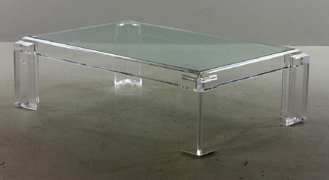 Les Prismatiques Lucite Table: Les Prismatiques table, lucite base with glass top, signed, 16 1/2" high x 54" wide x 36" deep. Provenance: from a Scituate, Massachusetts collection.
