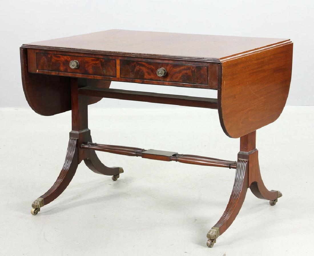 Fineberg Sheraton Drop Leaf Table: Fineberg custom Sheraton drop leaf table, mahogany, with two drawers, 28" high x 58 1/2" wide x 27" deep.