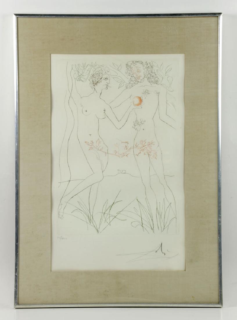 Salvador Dali "Adam & Eve" Print: Salvador Dali print, Adam and Eve, signed in pencil, edition # 805/1000, 19" high x 12" wide (view), 25" high x 18" wide (frame).
