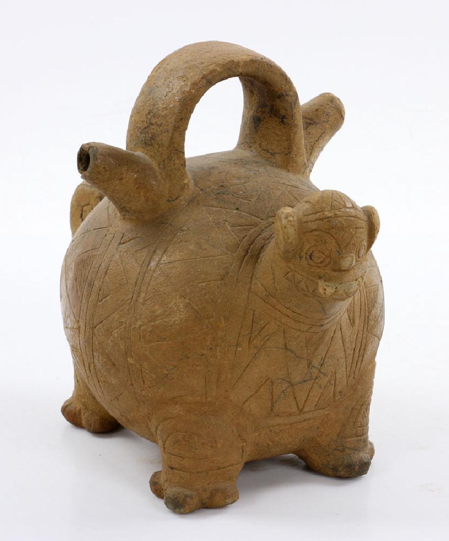 Pre-Columbian Monkey Vessel: Pre-Columbian figural monkey vessel, pottery, with incised decoration all over, lableled "Cauca," 8" high x 8 1/2" wide. Provenance: from the collection of David Stuart of David Stuart Galleries, Los 