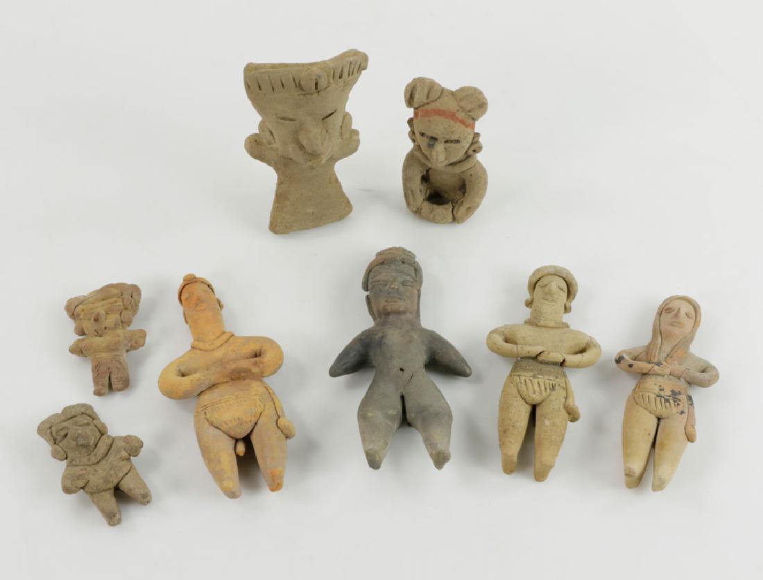Eight Pre-Columbian Pottery Figures: Collection of eight pre-Columbian figures, pottery, some with tags reading "Colima," "Vera Cruz," and "Middle America." Provenance: from the collection of David Stuart of David Stuart Galleries, Los A
