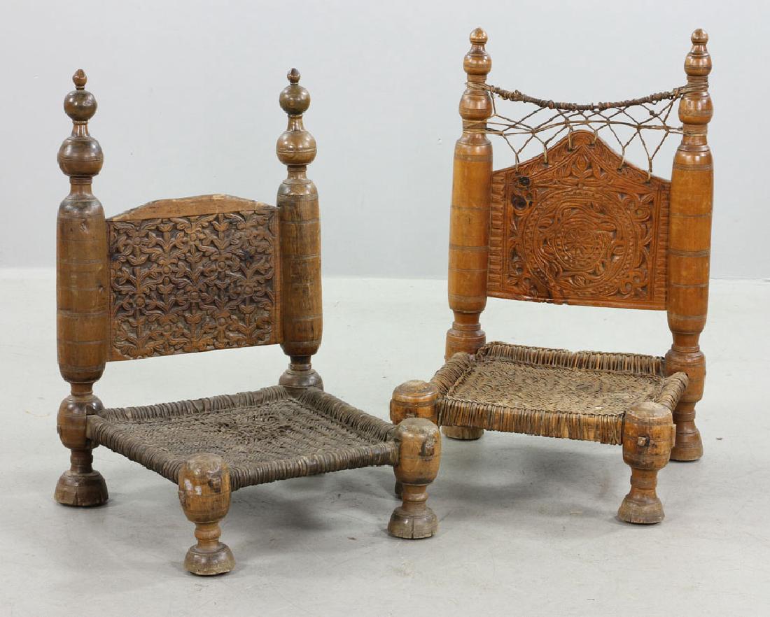Two 19th C. Middle Eastern Chairs: Two 19th century Middle Eastern chairs, carved wood, one 31" high x 18 1/2" wide, the other 29" high x 18 1/2" wide. Provenance: from a Miami Beach, Florida estate.