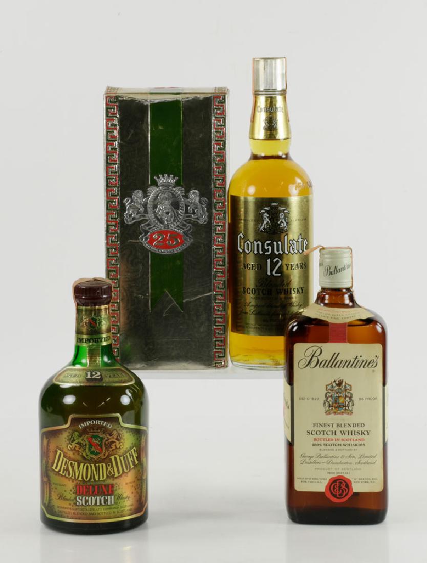 Four Bottles of Blended Scotch Whiskey: Four bottles of blended Scotch Whiskey, to include one bottle each of Ballantines, Consulate, Ambassador, and Desmond & Duff, all unopened. Provenance: from a Mancherster, New Hampshire estate.