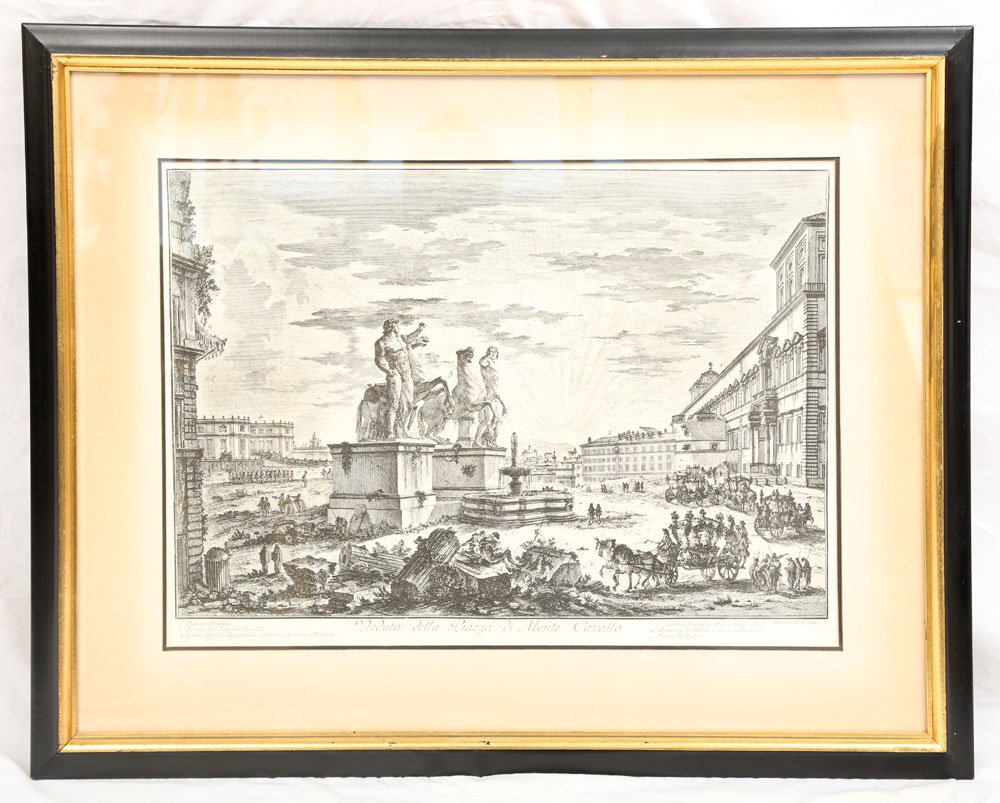 Piranesi, "Piazza di Monte Cavallo," Print: Piranesi, "Veduta della Piazza di Monte Cavallo," print from etching, circa late 19th-early 20th century, 14 3/4" high x 21 1/4" wide (plate), 24 1/2" high x 30 1/4" wide (frame).