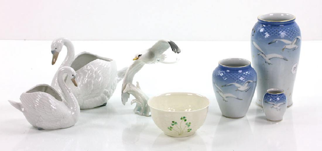Lot of Porcelain Items: Lot of porcelain, seven pieces total, to include: three B. & G. Copenhagen vases, Belleek bowl with basket weave-patterning and purple mark, two Lladro "Nao" swans and Special Limited Edition Vera P.
