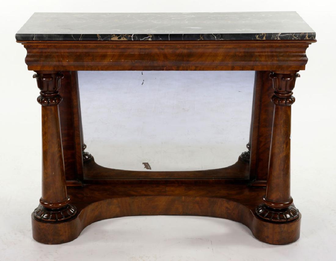 19th C. American Classical Marble Top Pier Table: American classical mahogany pier table, circa 1820 to 1830, with marble top and mirrored back, 33" h x 41 3/8" w x 15" d.