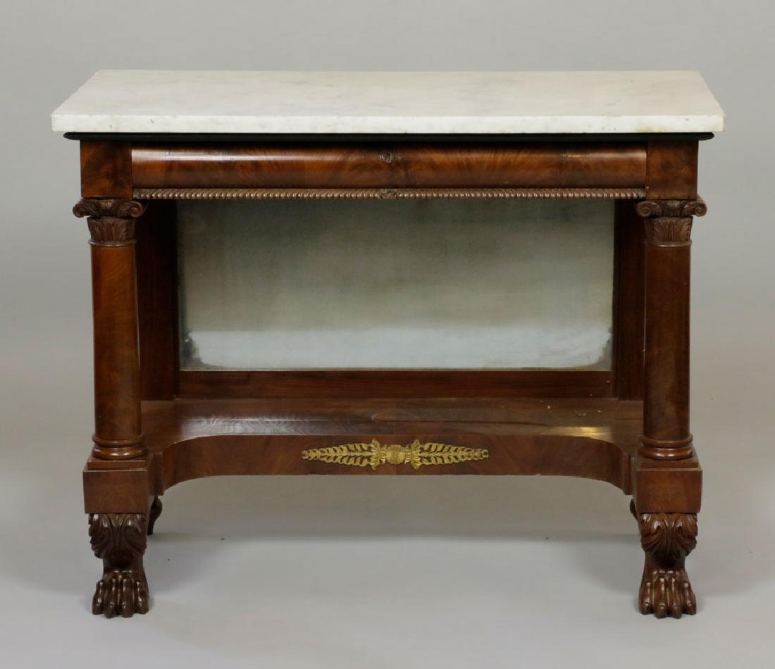 19th C. American Empire Mahogany Pier Table: American Empire Neoclassical pier table, carved mahogany with marble top, circa 1820, 31 1/4" h x 39 1/2" w x 21" w.