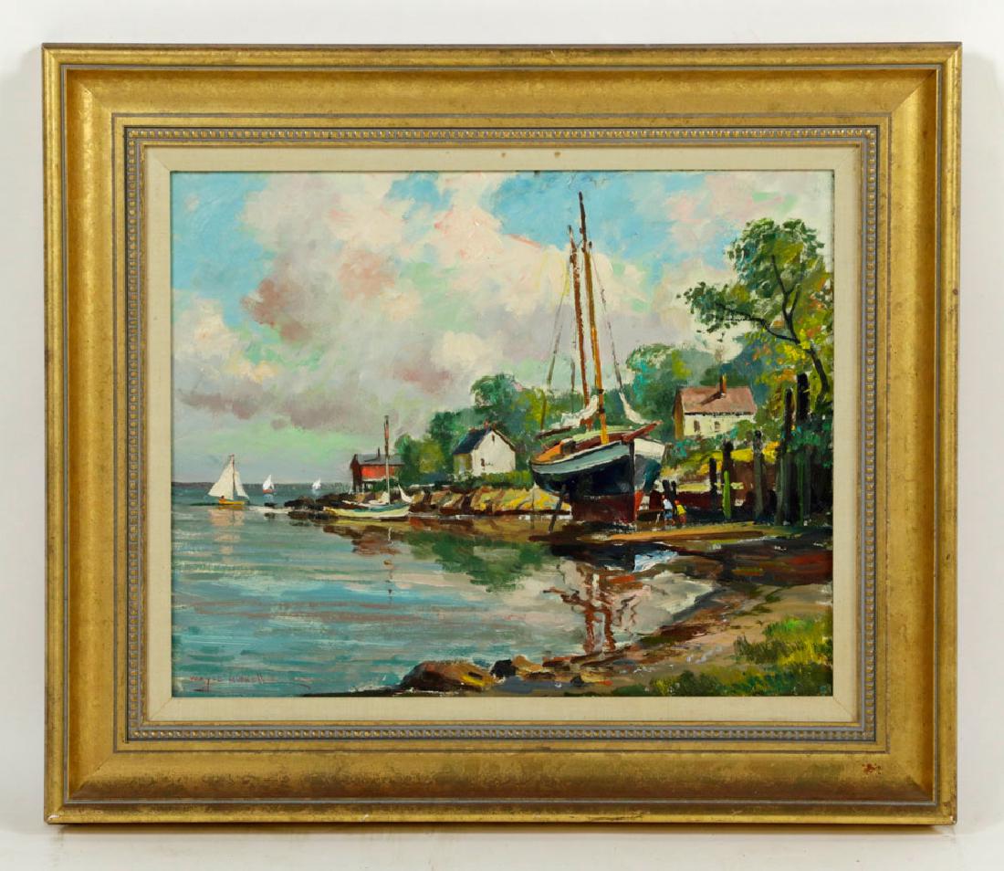 Morrell, Fishing Boat at Low Tide, Oil on Board: Wayne Morrell (American, 1923-2013), "Rocky Neck, Gloucester, Old Fishing Boat in for Repairs," oil on board, dated "July 1982," information verso; 16" h x 20" w (view), 23" h x 27" w (frame).