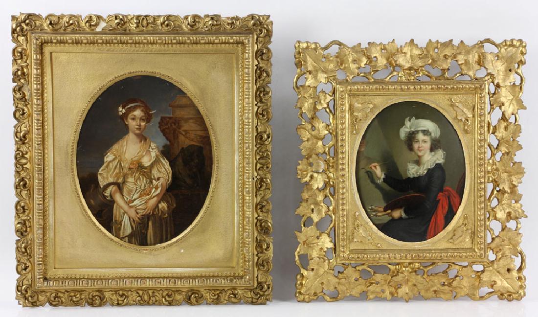 2 Miniature Portraits of Ladies: Lot of two small portraits, picturing young ladies, including one by Marie Le Brun (French, 1755-1842), with tag from the L. Romoli Gallery, 15" h x 13 1/2" w (frame); second portrait unsigned, 17" h 