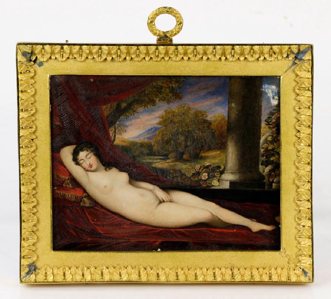 19th C. Russian Reclining Nude Portrait: 19th C. Russian painting, portrait of reclining nude, in gilt bronze frame, 7 1/2" x 9".