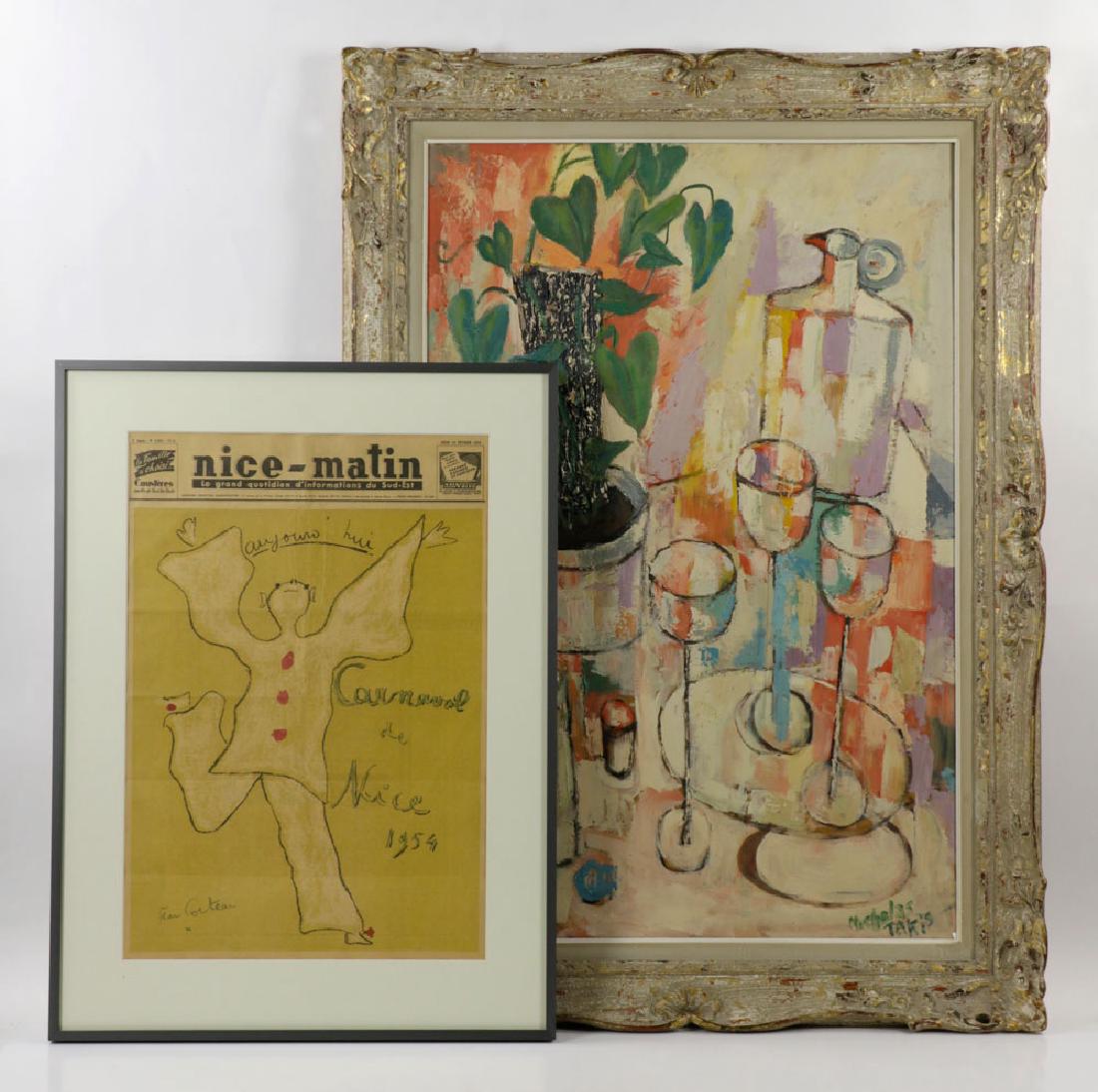 (2) Artworks, Nicholas Takis Oil & Jean Cocteau Print: Lot of (2) artworks, including: Nicholas Takis (1903-1965), still life of floral and wine glasses, signed L/R, oil on masonite, 36" x 24", frame 43 1/2" x 31 1/4"; Jean Cocteau, newspaper print "Carni