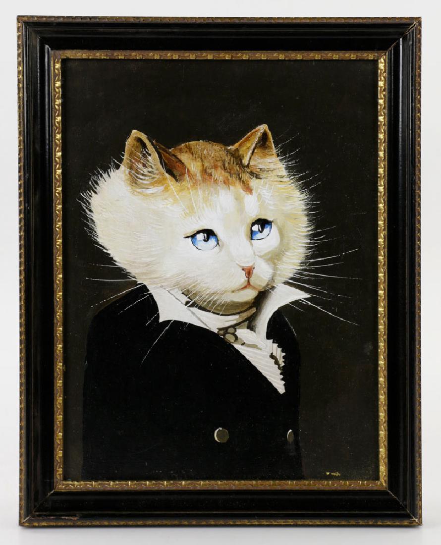 Primitive Painting of Blue-eyed Cat in Tuxedo: Primitive painting of a blue-eyed cat in a tuxedo, oil on canvas, 10" X 7 3/8", framed 12" x 9".