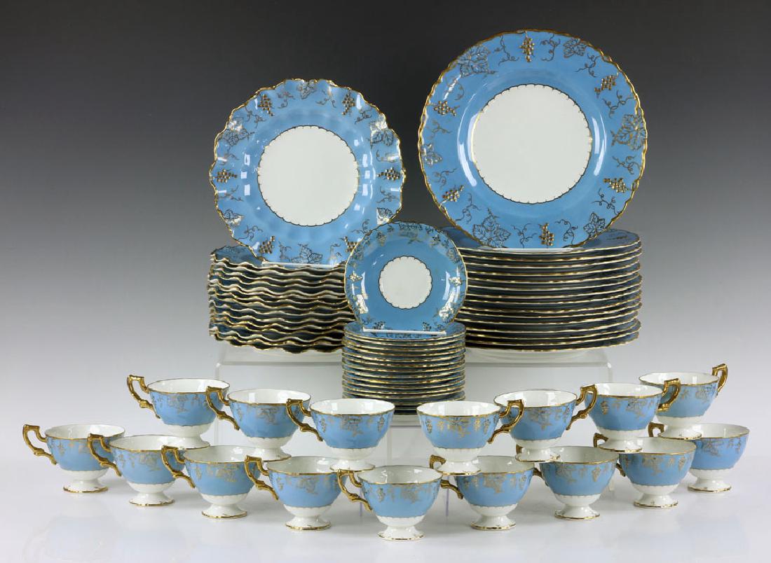 Royal Crown Derby Bone China Buffet Service: Royal Crown Derby bone china buffet service, gold vine pattern on robin's egg blue ground, to include: 16 dinner plates (10 1/2" dia), 16 dessert plates with fluted and scalloped rims, 8 1/2" dia, 16 