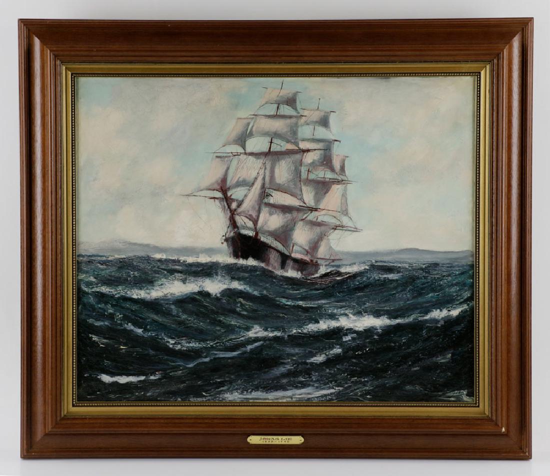 Jonas Lie, "Under Full Sail", Oil on Board: Jonas Lie (Norwegian-American, 1880-1940), "Under Full Sail", oil on board, signed L/R, 15" x 19 1/2", framed 21" x 25". Provenance: private NY estate.
