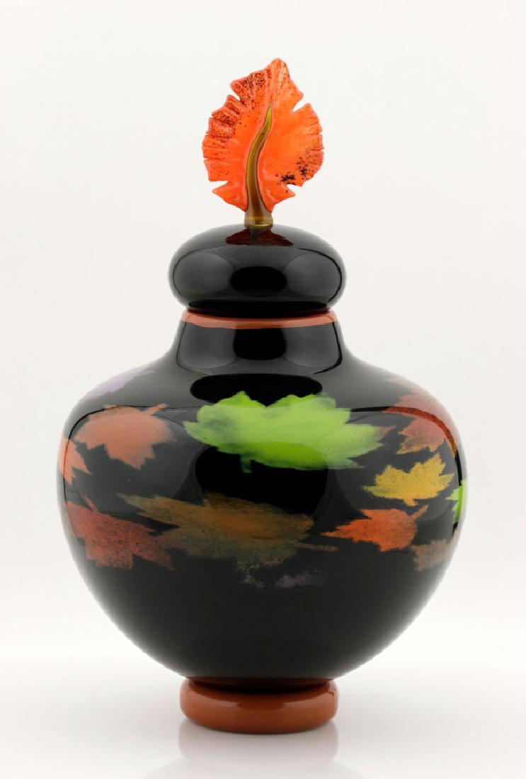 20th C. Bernard Katz Hand Blown Vase, Autumn Leaf: Bernard Katz (20th C.), hand blown covered vase in autum leaf pattern, approximately 17"h. x 9 1/2" dia.