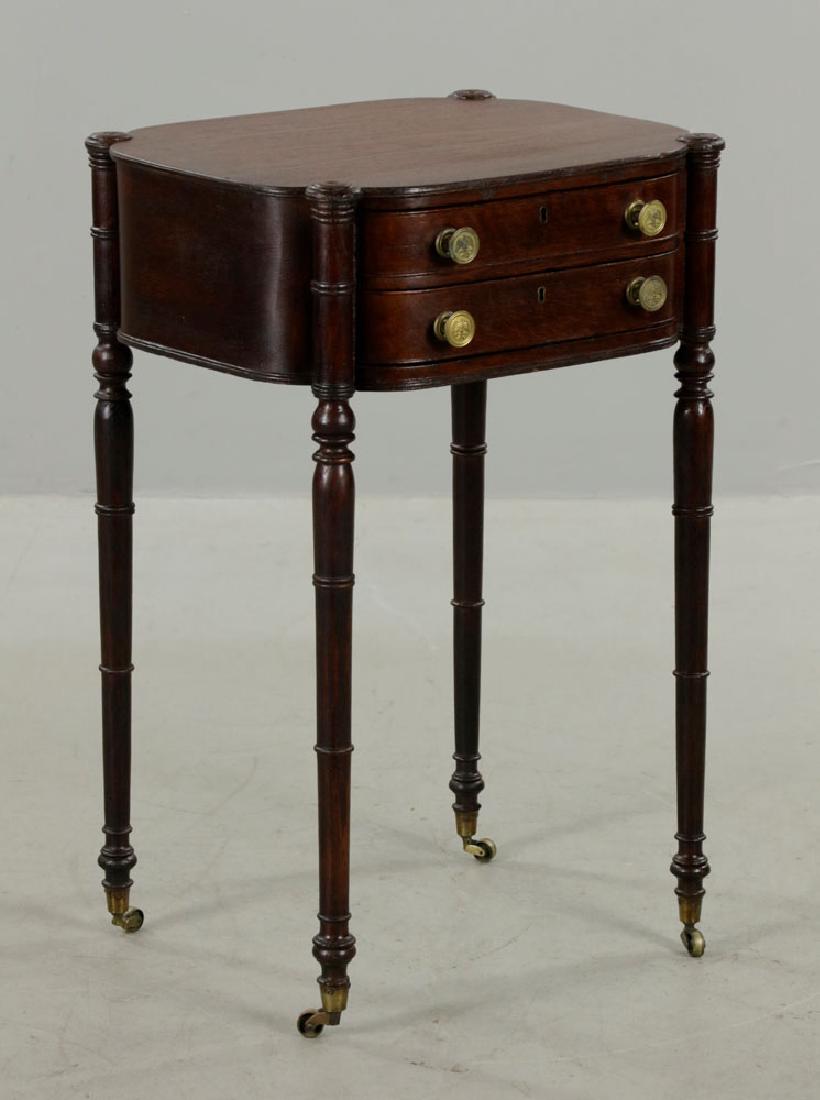 C1800 Boston Delicate Work Table w/ Drawers: Circa 1800 Boston, unusual delicate work table with turret corners, bow-fronted drawers and sides, 29 1/4"h. x 19 1/4"w. x 16"d.
