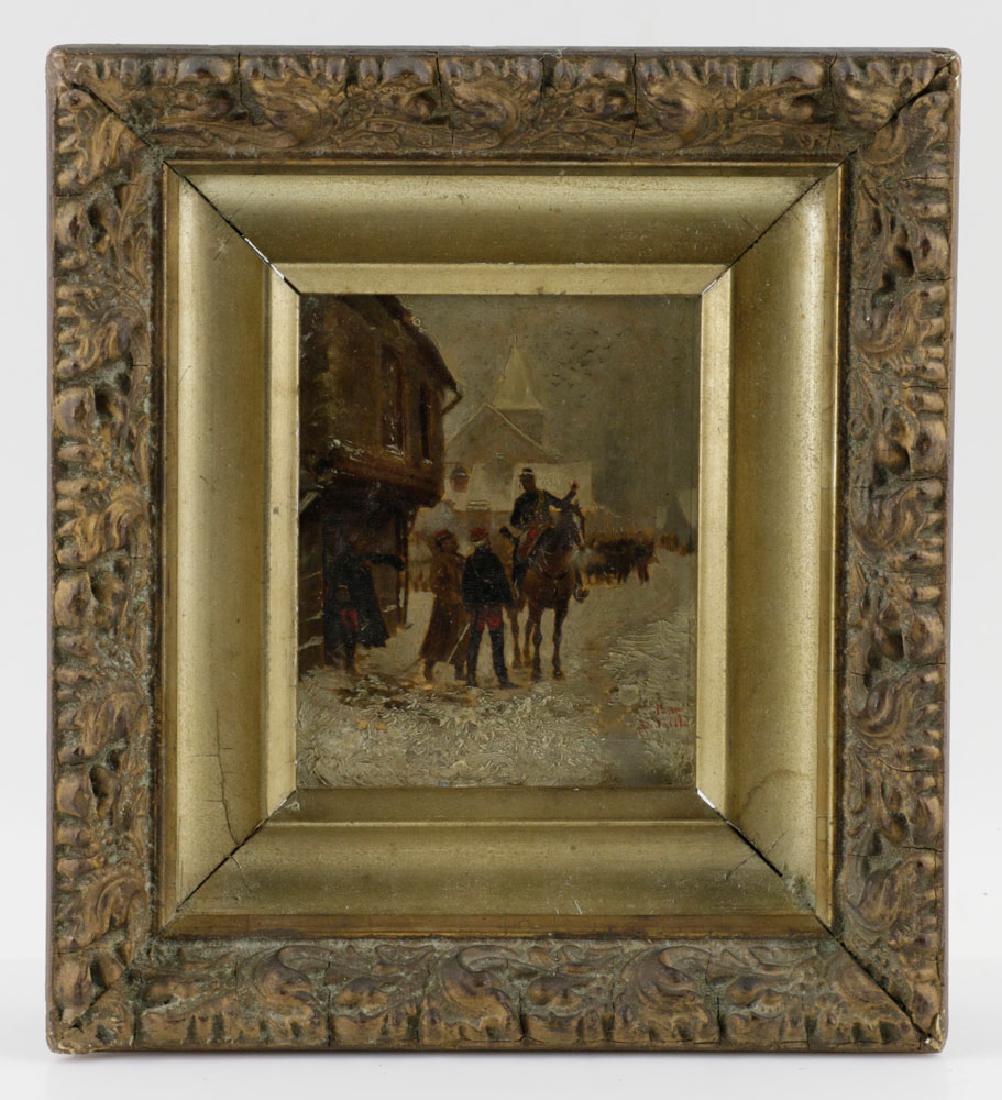 Edouard Detaille, Soldiers on Horseback, Oil on Panel: Edouard Detaille (French, 1848-1912), soldiers on horseback in the snow, oil on panel, signed L/R, 4 3/4" x 3 3/4", framed 8 1/2" x 7 1/2".