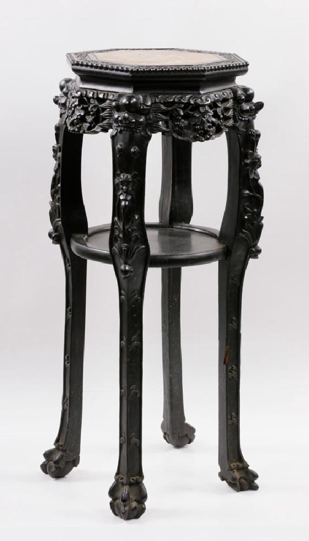 19th C. Chinese Marble-top Tabouret Table: 19th C. Chinese carved rosewood tabouret table with octagonal pink marble top, 33"h. x 16" x 16".