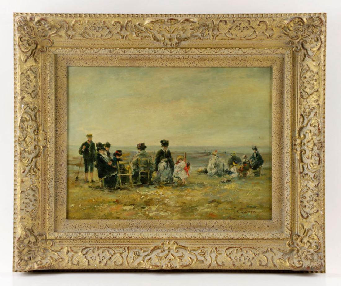 Claude Cahill Cooper, Beach Scene, Oil on Board: Claude Cahill Cooper (b. 1941), 19th C. beach scene, oil on board, signed L/R, 12" x 16 1/2", framed 19" x 23".