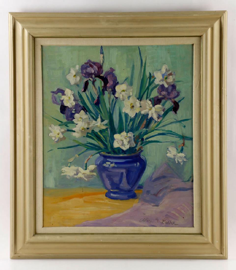 Alice G. Locke, Still Life of Flowers, Oil on Board: Alice G. Locke (American, 1883-1968), still life of flowers in vase, oil on board, signed L/R, 25 1/2" x 21 1/2", framed 31 1/2" x 28".