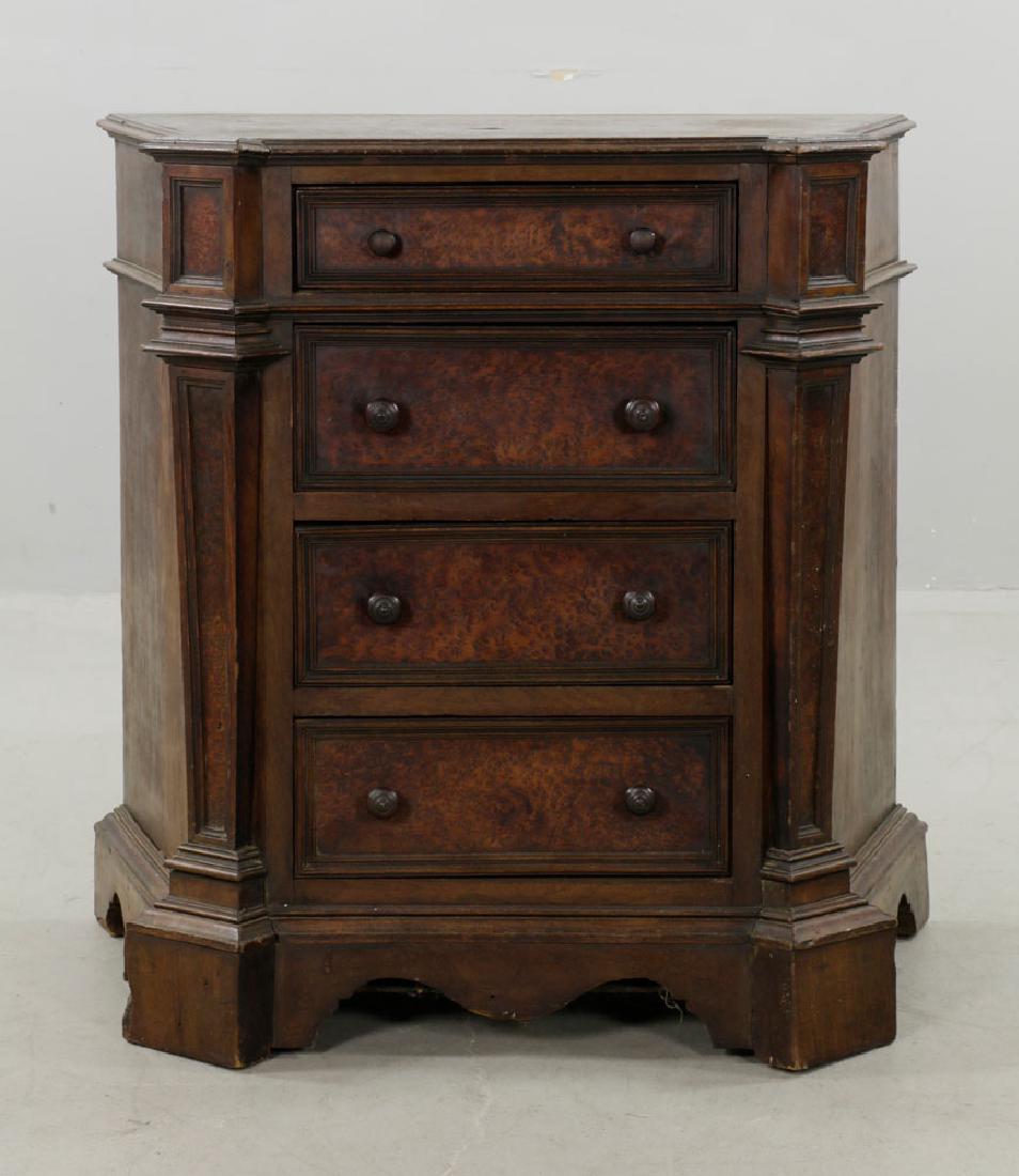 18th C. Italian 4-Drawer Commode: 18th C. Italian walnut and birdseye maple 4-drawer commode, 35"h. x 34"w. x 18"d.