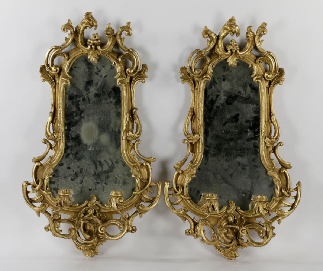 Pr of Gilt 2-Socket Mirror Sconces: Pair of gilt two-socket mirror sconces in the manner of Thomas Chippendale, 31"h. x 18"w.
