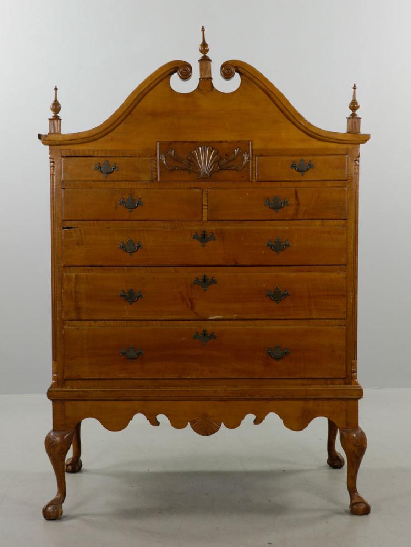 18th C. Tiger Maple Chippendale Chest on Frame: 18th C. tiger maple Chippendale chest on frame, having shell-carved top middle drawer, flanked by two drawers, with two-over-three drawers beneath, 71"h. x 48"w. x 26"d.