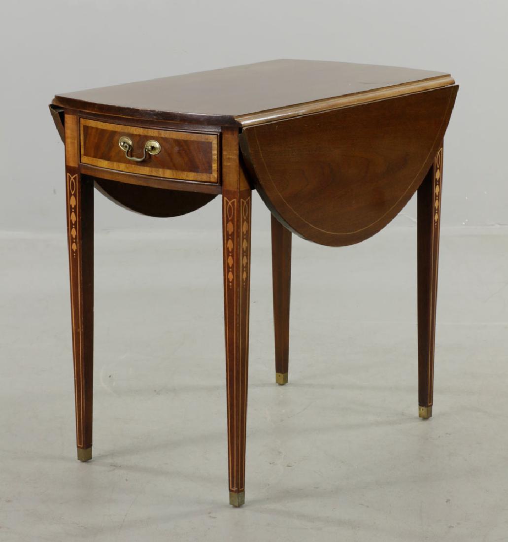 Fine American Masterpiece Pembroke Table by Hickory: The American Masterpiece Collection by Hickory, fine mahogany Federal Pembroke table having substantial inlay, with drawer, 28 1/2"h. x 18"w. x 30"d.