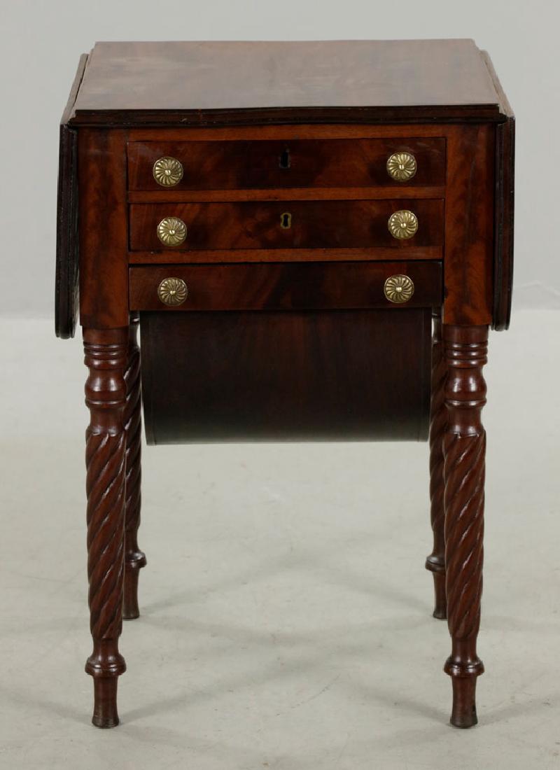 Eastern Mass. 3-Drawer Drop-Leaf Sewing Table: Eastern Massachusetts three-drawer sewing table with drop leaves and mahogany storage bin underneath, 27' X 17" X 17".