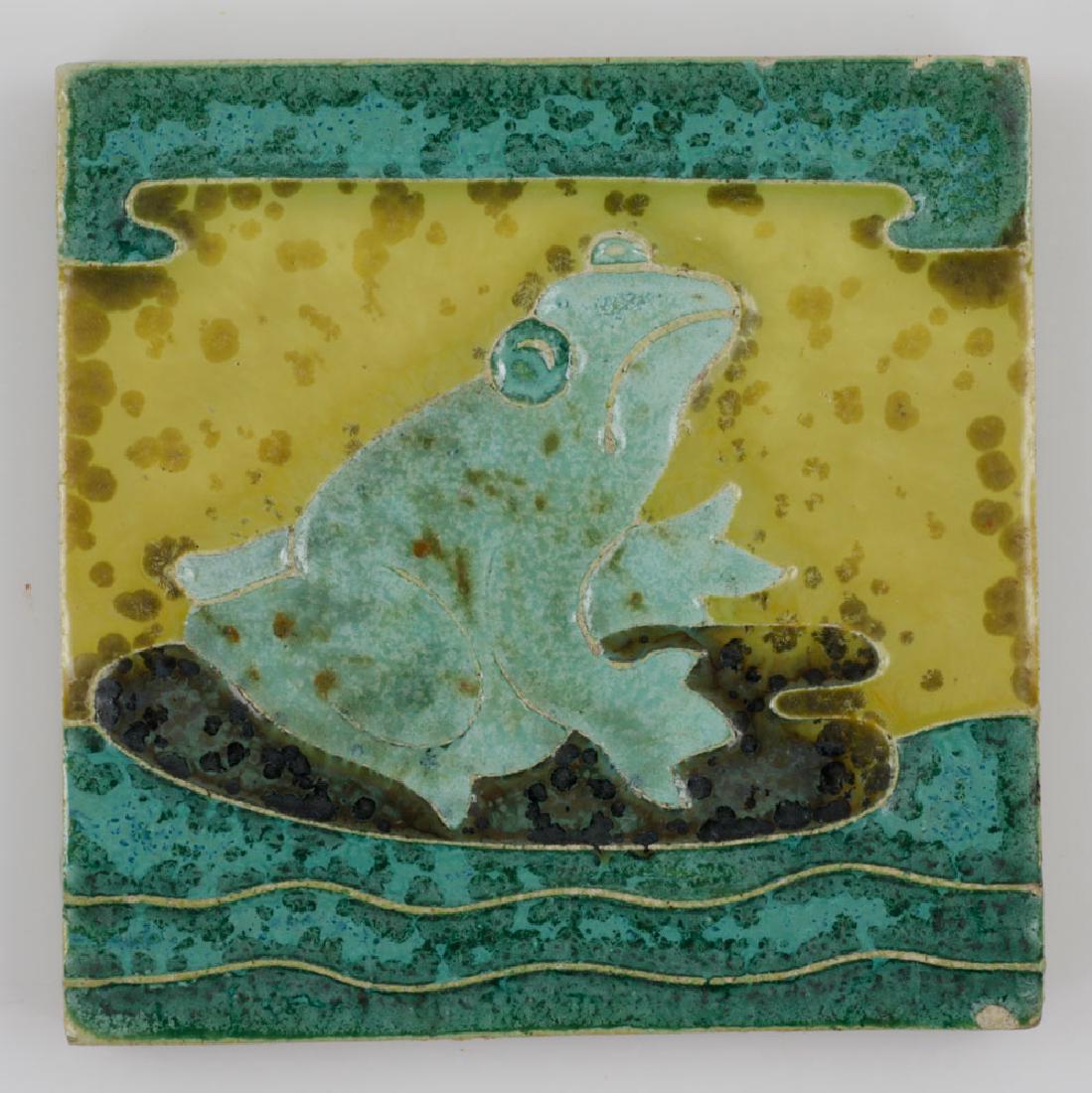 Arts & Crafts Glaze Tile w/ Frog Design: Arts & Crafts glazed tile with frog design, 4" square.