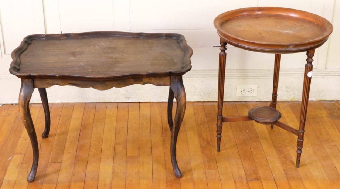 (2) Early 20th C. Occasional Tables: Two early 20th century occasional tables, one round with Sheraton legs, one rectangular with scalloped edge and Queen Ann legs; larger 20 1/2"h. x 30"w. x 21"d. Finish wear to both.