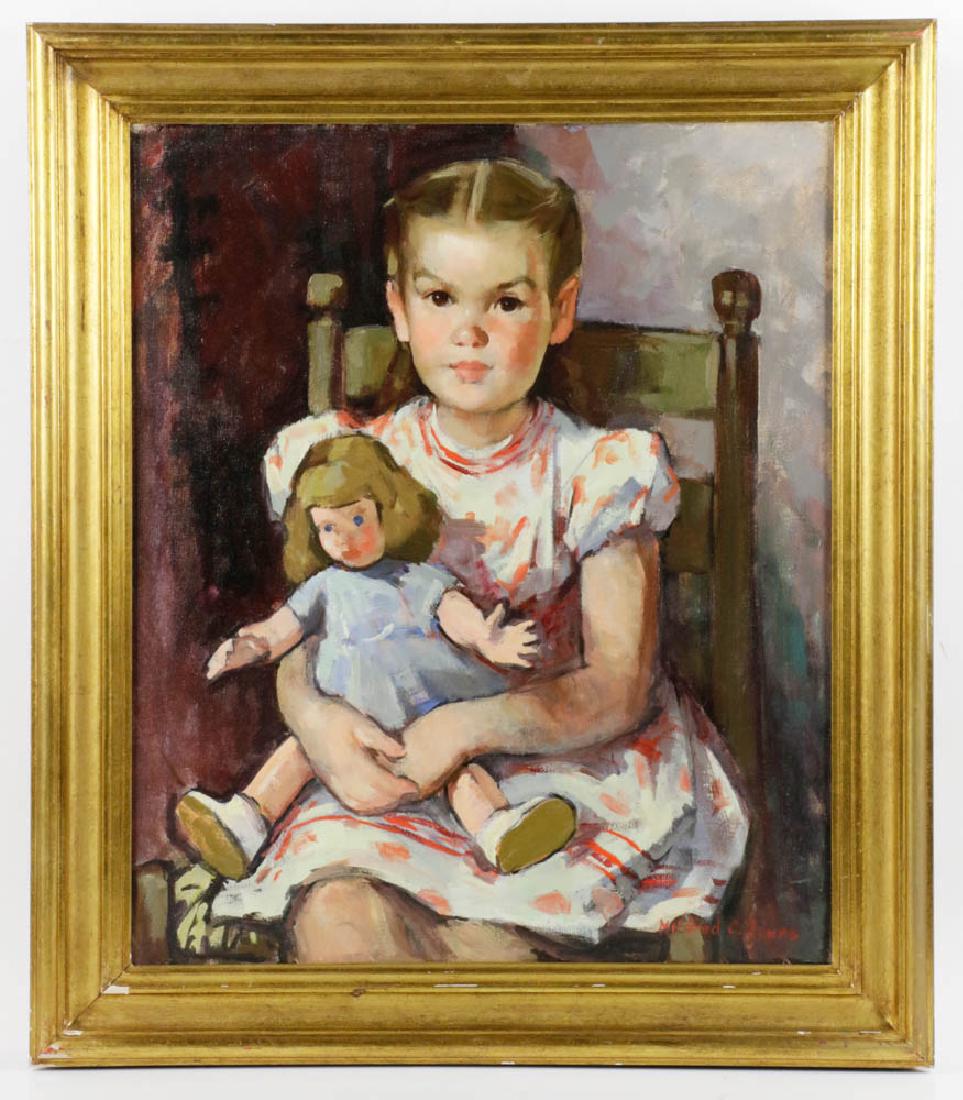 Mildred C. Jones, Little Girl w/ Doll, Oil on Canvas: Mildred C. Jones (American, 1899-1991), little girl with doll, oil on canvas, signed L/R, 24" x 20", frame 29" x 28".