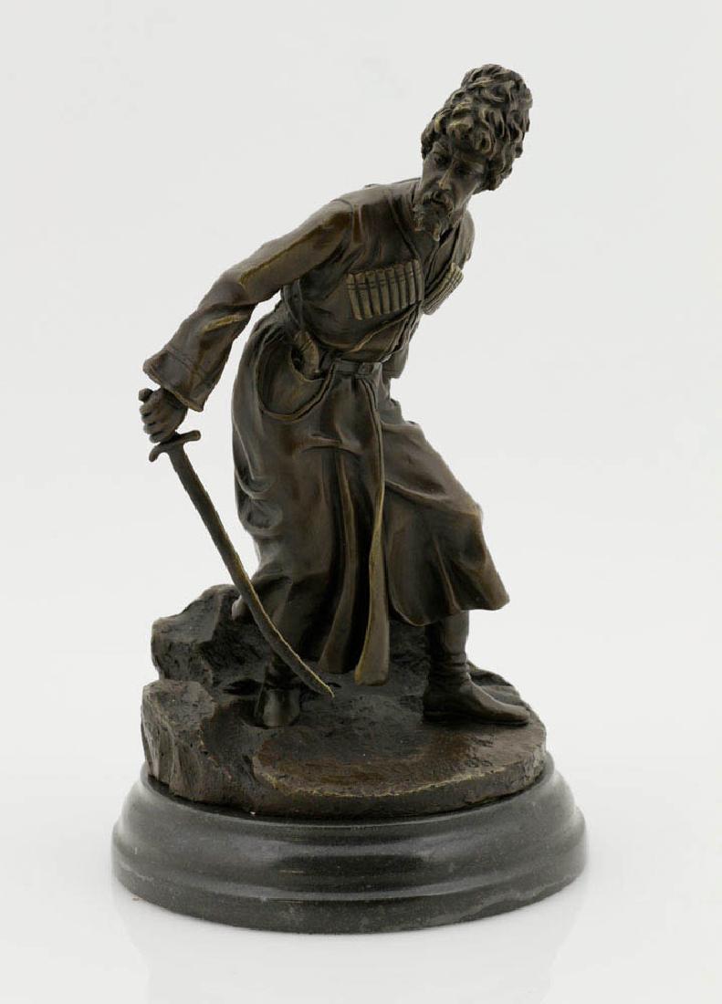 Signed Grachev, Bronze Cossack w/ Sword: Signed Grachev, bronze cossack with sword, 8 1/2"h. x 4 7/8" dia., on marble plinth 5 3/4" dia.