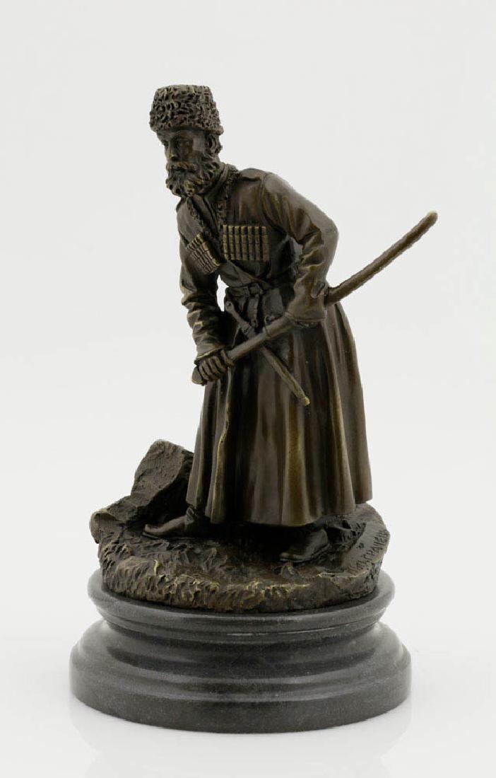 Signed Grachev, Bronze Cossack w/ Dagger & Sword: Signed Grachev, bronze cossack with dagger and sword, 8 3/4"h. x 5" x 7", on marble plinth 1 7/8"h. x 6" dia.