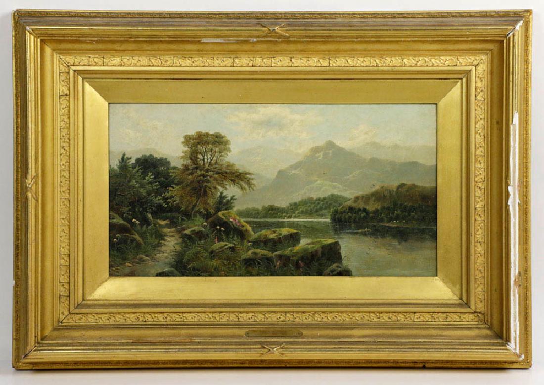 Labeled David Johnson, Hudson River Scene Oil on Canvas: Labeled David Johnson (1827-1908), Hudson River scene, oil on canvas, identified on plate and monogrammed "DJ" L/L, 10 1/8" x 17 7/8", framed 19" x 27". Good condition.
