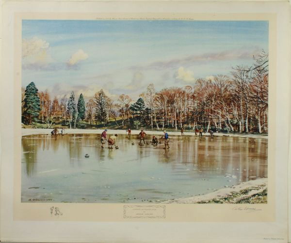 WEAVER,CURLING ON POLNIE LOCH, OS LITHO,1968: Artist: Arthur Weaver, Title: Curling on Polnie Loch, Pub: Frost and Reed, Date: 1968, Medium: Photo-offset reproduction, Paper size: 23 1/4 x 27 1/2, Inscribed: Signed in pencil within matrix "Arther